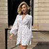 Printed long-sleeved dress, European, American spring and summer new lantern sleeves V waist short long-sleeved dress