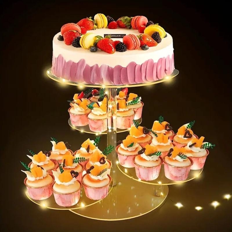 4 Tiered Acrylic Cupcake Holder Stand With LED String Light Dessert Display Tower For Wedding Birthday Party Decoration