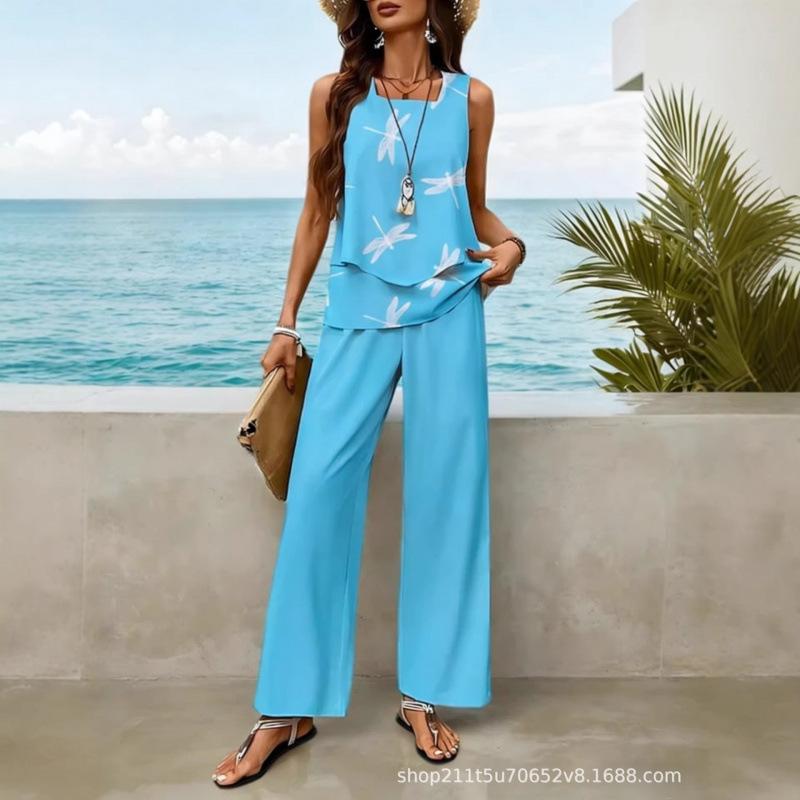 European and American 1D digital printing bohemian women's sleeveless suit is suitable for daily wear and vacation spot