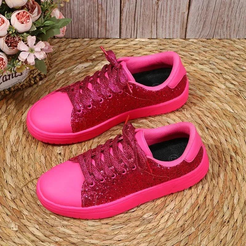 Fashion Women's Sequins Sneakers Fashion Korean Style Lace Up Flat Shoes Thick Anti-slip Couple Shoes Casual Trainers Chaussure Femmes