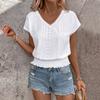 Women's Fashion V-neck Solid Color Hollow Short Sleeve Top T-shirt Summer