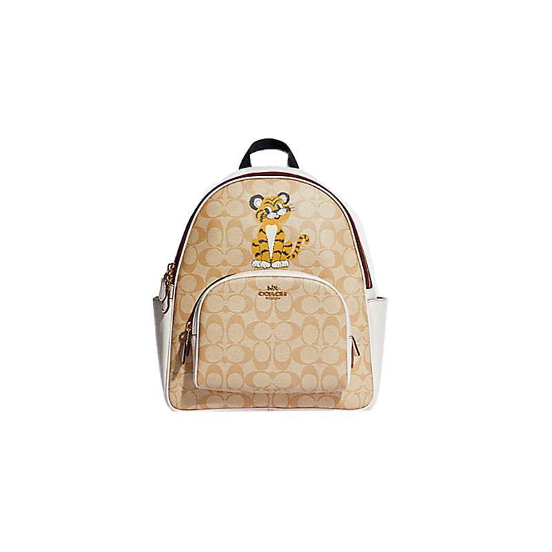 

COACH Court 27 Classic Presbyopic Cartoon Tiger Print Leather Backpack Backpack Large Women s Khaki White Color Blocking білий
