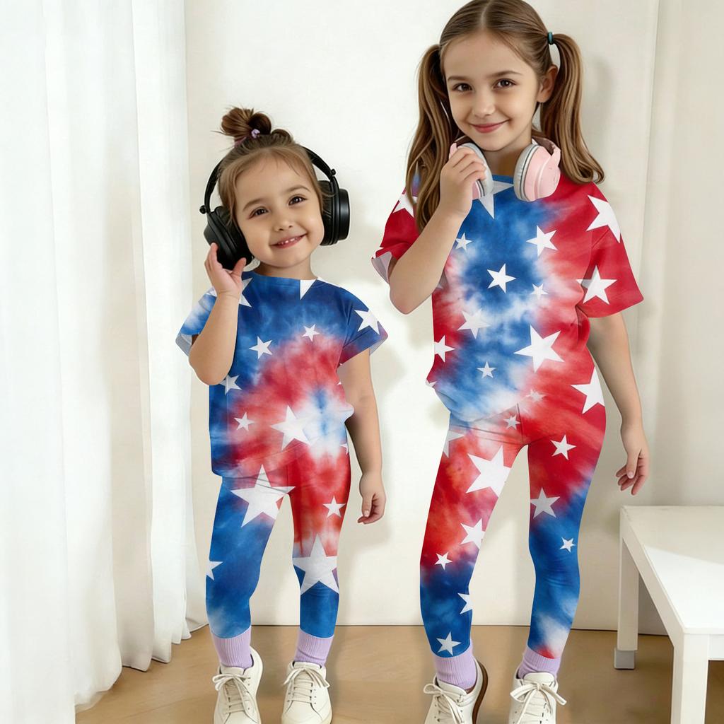 Boys And Girls Independence Day Print Set Kids Casual Short Sleeve Top And Long Pants Set
