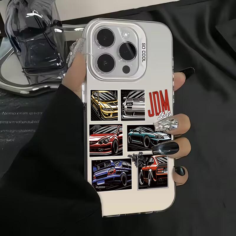 JDM Sports Cars Male Men Electroplate Silver IMD Case For iPhone 15 14 16 Pro Max 11 12 13 7 8 Plus 16E X Shockproof Hard Cover