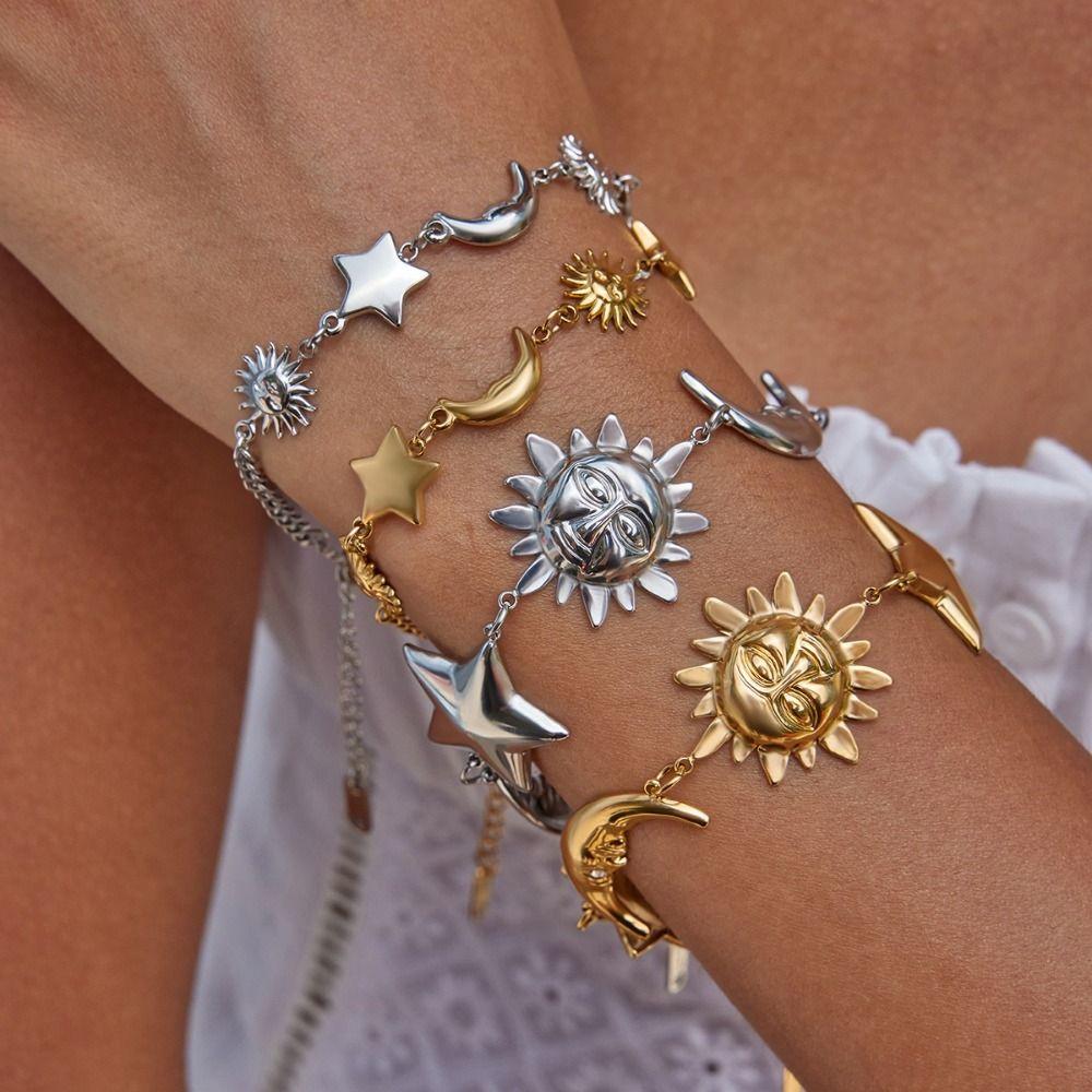 18K Gold Color Star Moon Bracelet Stainless Steel Stackable Bracelet Summer Fashion