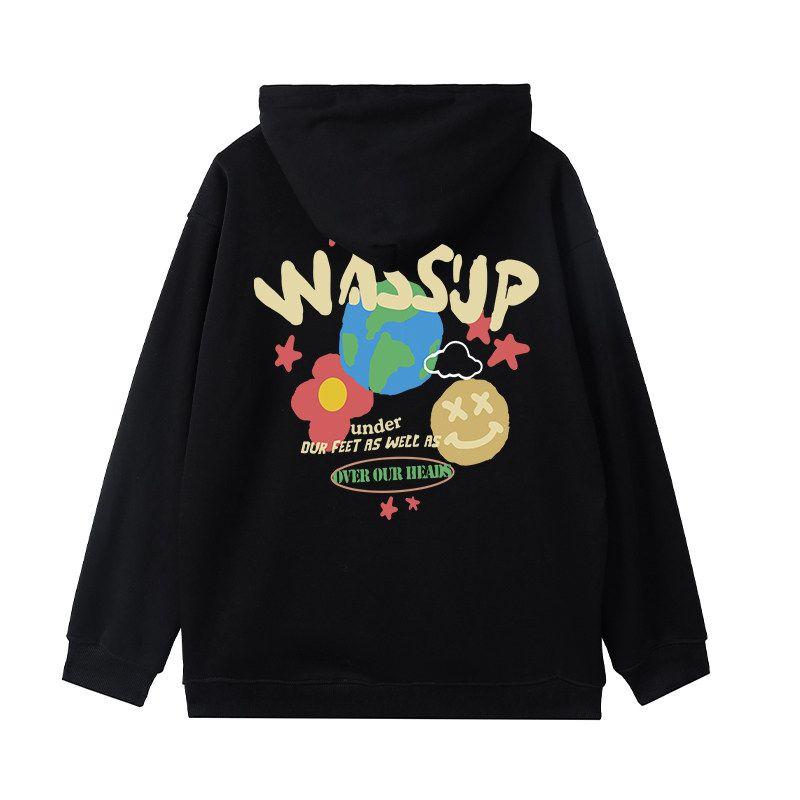 

Wassup Heods American Casual Trendy Brand Sweatshirt for Men and Women, Autumn and Winter Fleece-Lined Loose Heavyweight Couple Tops Black (Heavyweight Basic) 3XL