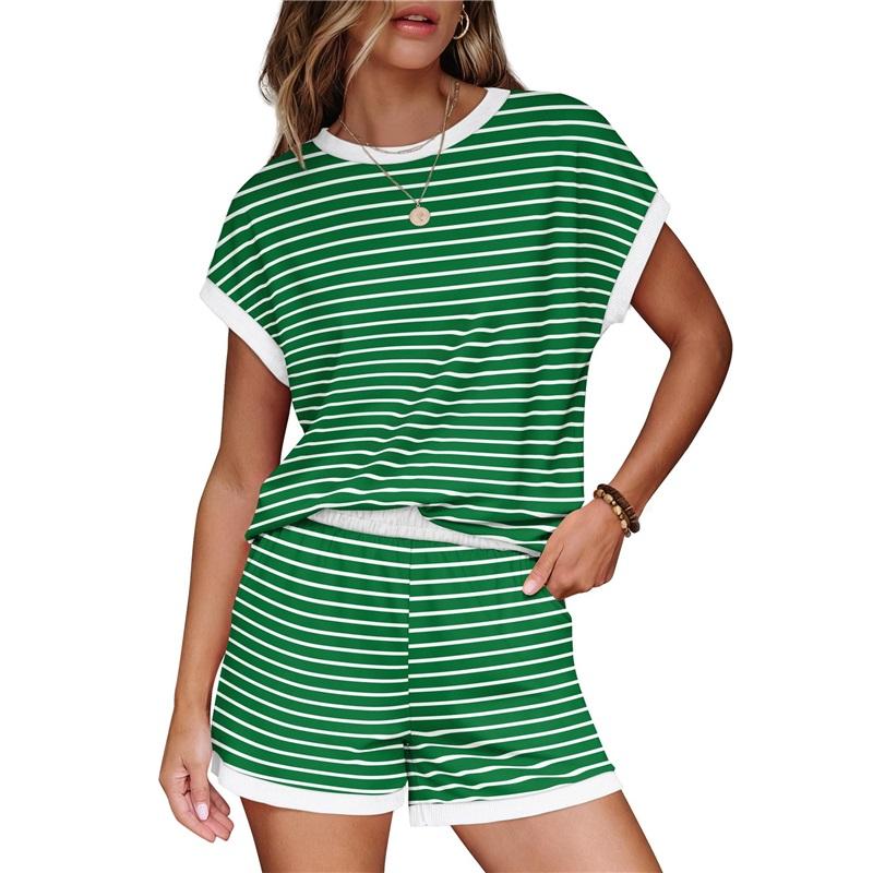 Women's Striped 2 Piece Outfit Casual Short Sleeve T-shirt & High Waist Shorts Set Summer Loungewear