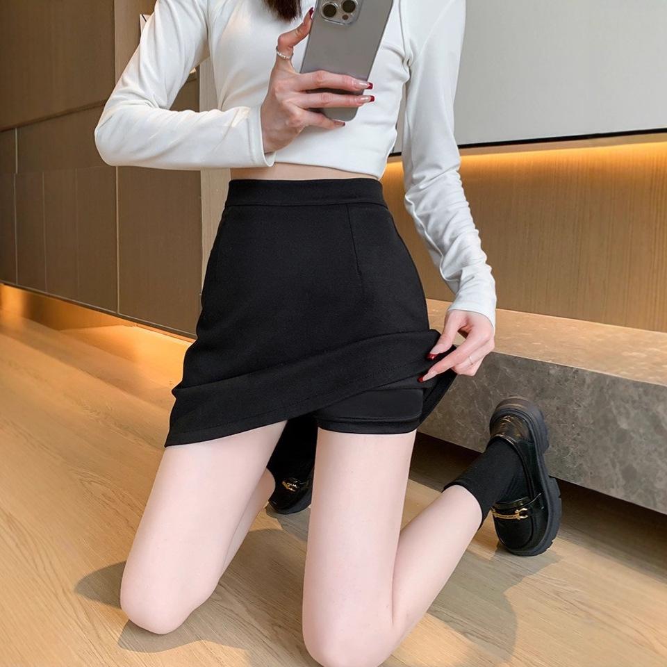 

Short Wool Blend A-Line Skirt for Women - High-Waisted, Plus Velvet, Warm, Casual Hip-Hugging, Autumn/Winter S