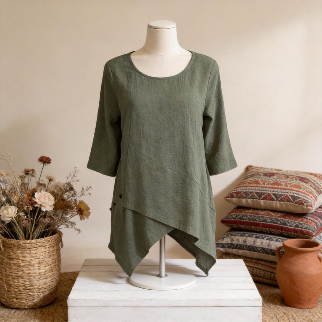 Camicia in Cotone e Lino Stile Bohémien Vestibilità Larga con Design Irregolare per Abbigliamento Casual Primaverile