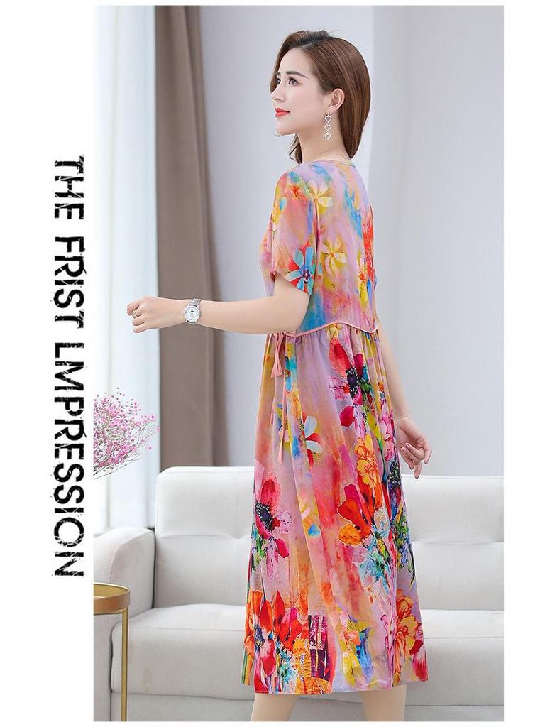 Summer Fashion Printed Chiffon Dress for Middle-aged Women - Short Sleeve, Mid-length