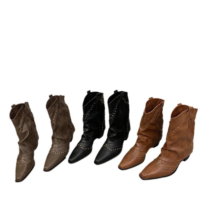 Brown V-mouth Martin boots Fashion Western cowboy boots Rivet design Smoke tube boots Women's short boots Summer and autumn