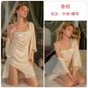Women's Satin Off Shoulder Ruched Backless Lace Up Tie Waist Sleep Dress with Robe Lounge Set