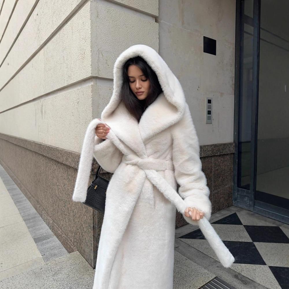 Women`s Hooded Belted Long Sleeve Faux