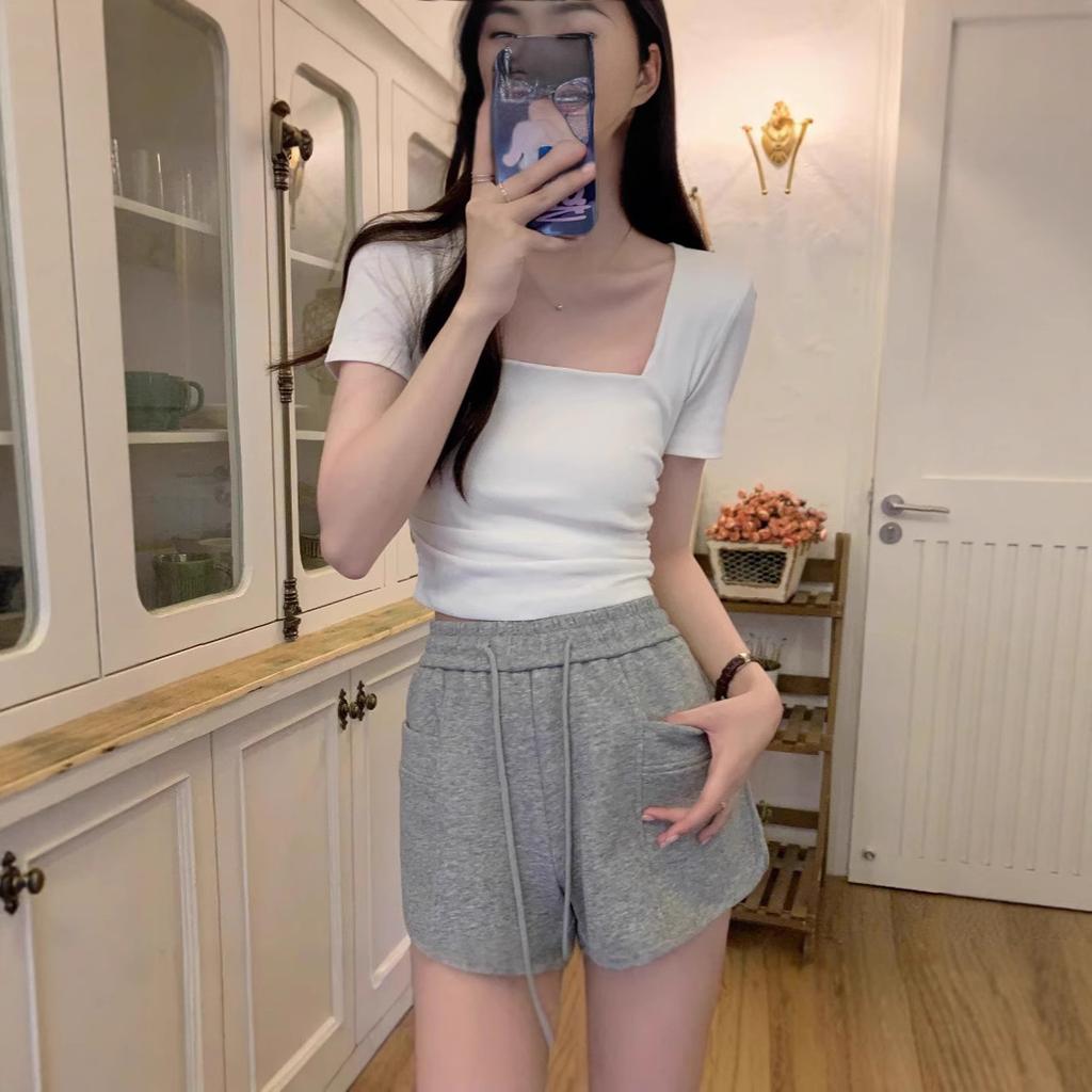 Korean Temperament Square Collar Pleated Design Short-sleeved T-shirt Women's Summer New Slim-fit Niche Short Top