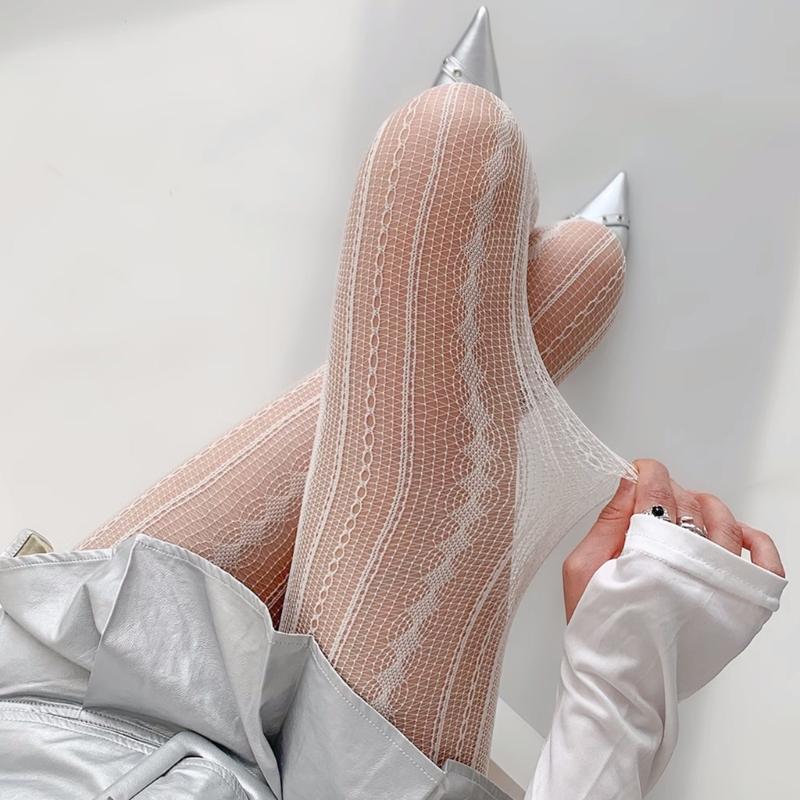 Women Sexy Hollowed Lace Solid Pantyhose Stockings Vintage Rhombus Striped Geometric Jacquard Fishnet Tights Leggings