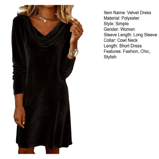 Women's Velvet Dresses Cowl Neck Long Sleeve Party Cocktail Mini Dress Retro Velour Wedding Guest Dress