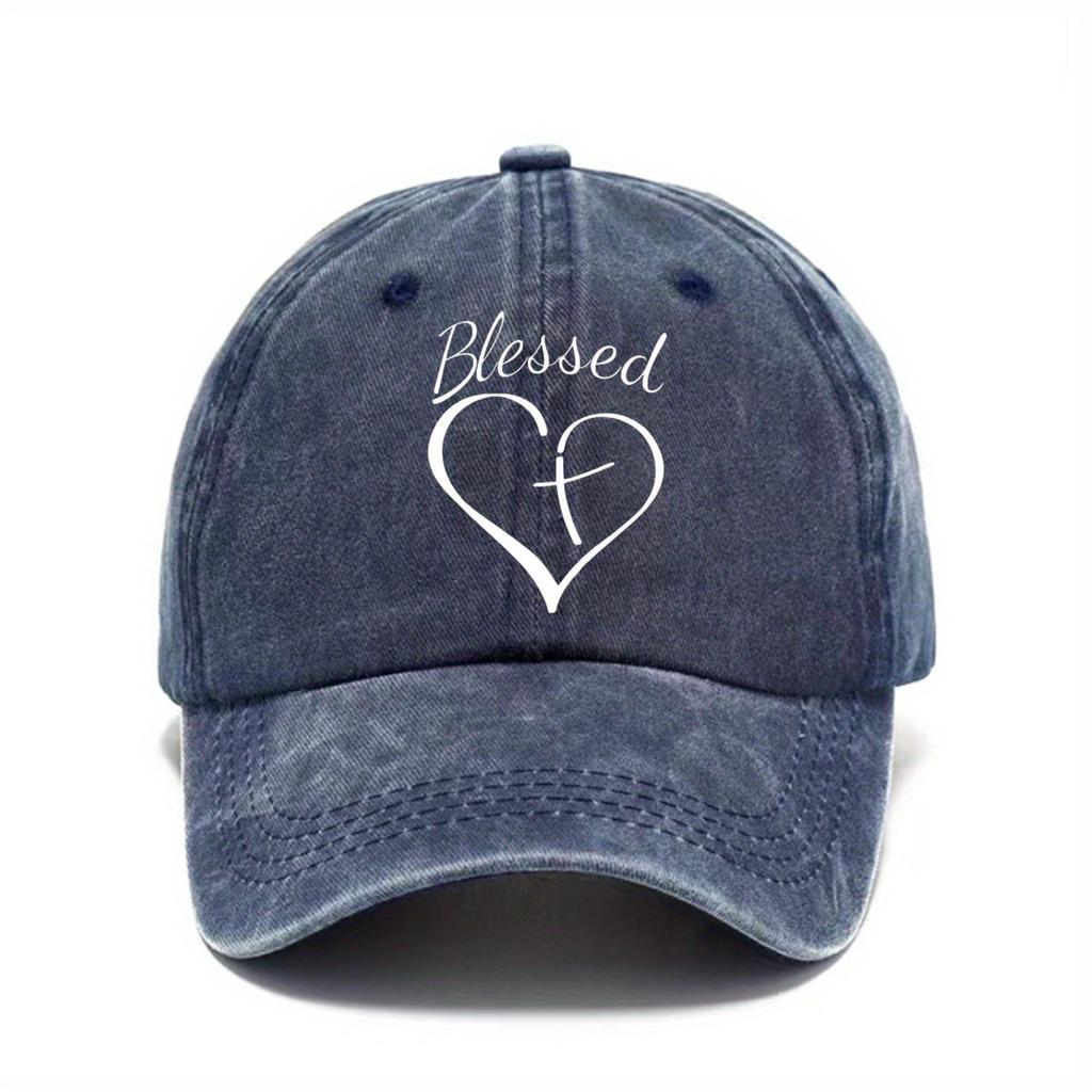 Blessed Heart Cross Graphic Baseball Cap Washed Distressed Dad Hat Casual Adjustable Sun Hat for Men Women