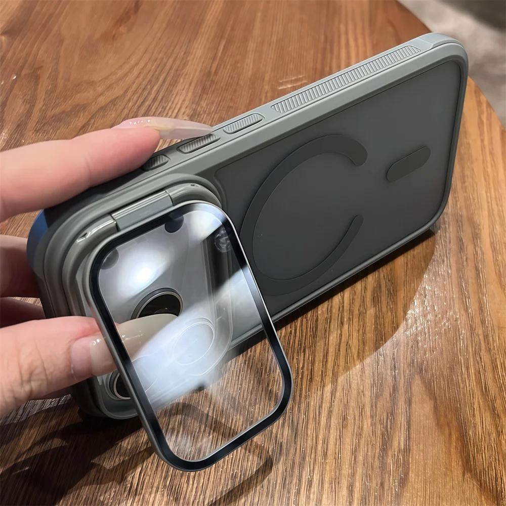 Full Lens Flip Stand For Magsafe Armor Magnetic Phone Case For iPhone 17 16 15 14 13 12 Pro Max Air Wireless Charge Matte Cover