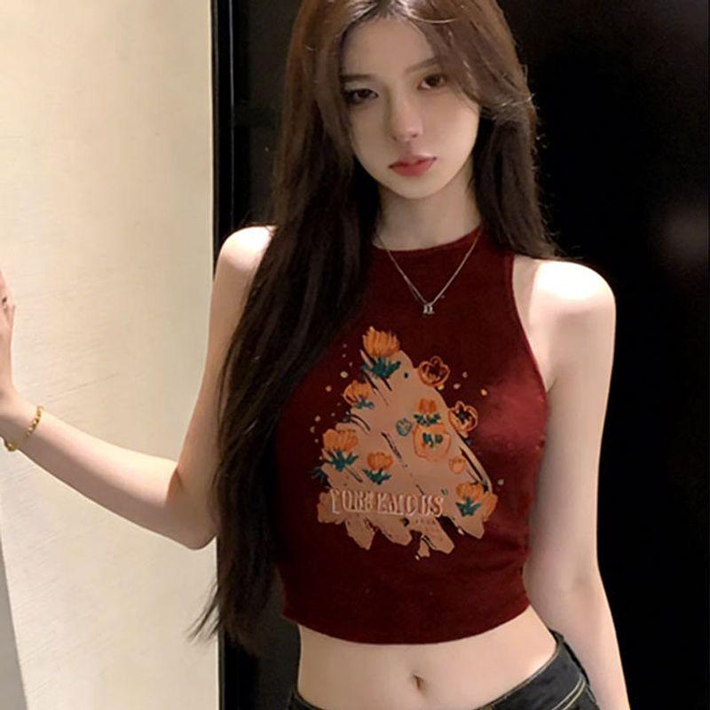 

American-Style Ribbed Tank Top T-Shirt for Women, Summer 2026, Sleeveless, Short, Slim-Fit, Trendy, High-End Style, Outerwear Fashion Burgundy S