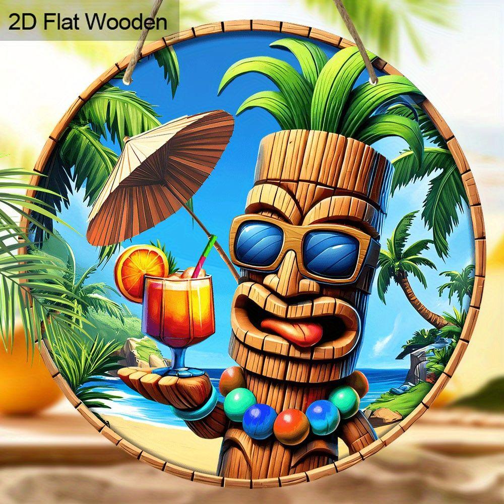 2D Flat Hanging Decorative Signs,interior Wall or Door Decoration,garden Dec.,the Pattern Is Wooden Statue Beach Style,a Housewarming Gift for Friends