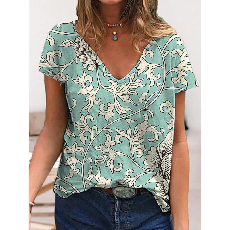 Summer V-neck 3D Flower Printed Top Fashionable Casual Short Sleeved Women's T-shirts