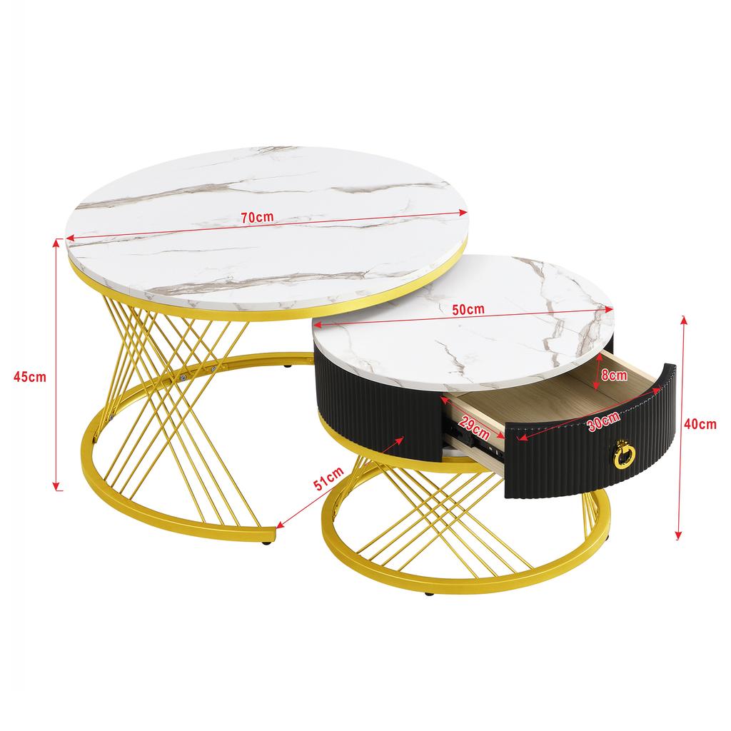 Elegant Assemblable Coffee Table: Marble Look, Gold Decor, Side Table with Drawers – Set of 2