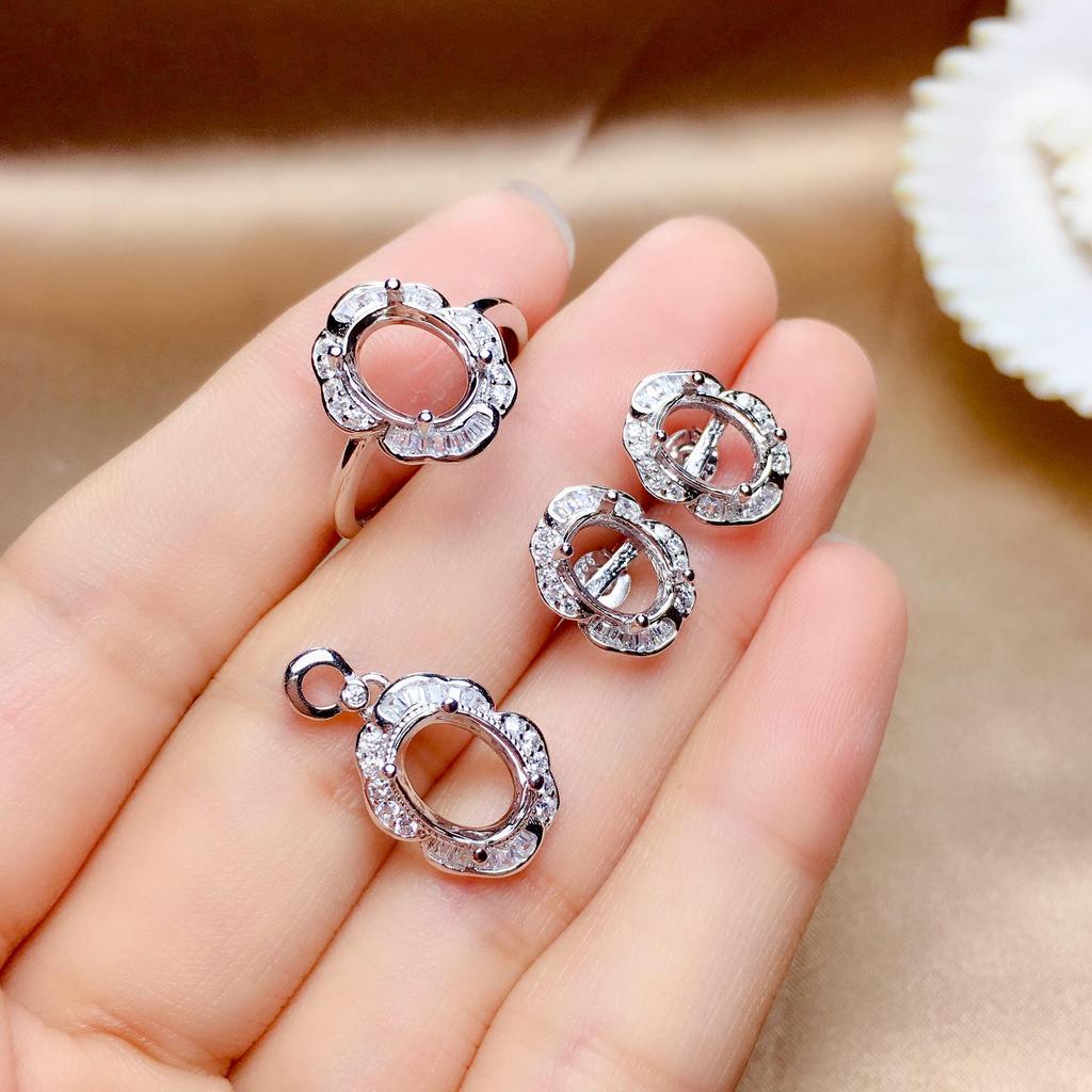 925 Silver Stud Earrings & Ring+Pendant Set: 18K White & Rose Gold Plated. Available in 6x8, 7x9, and 8x12 sizes for Women.