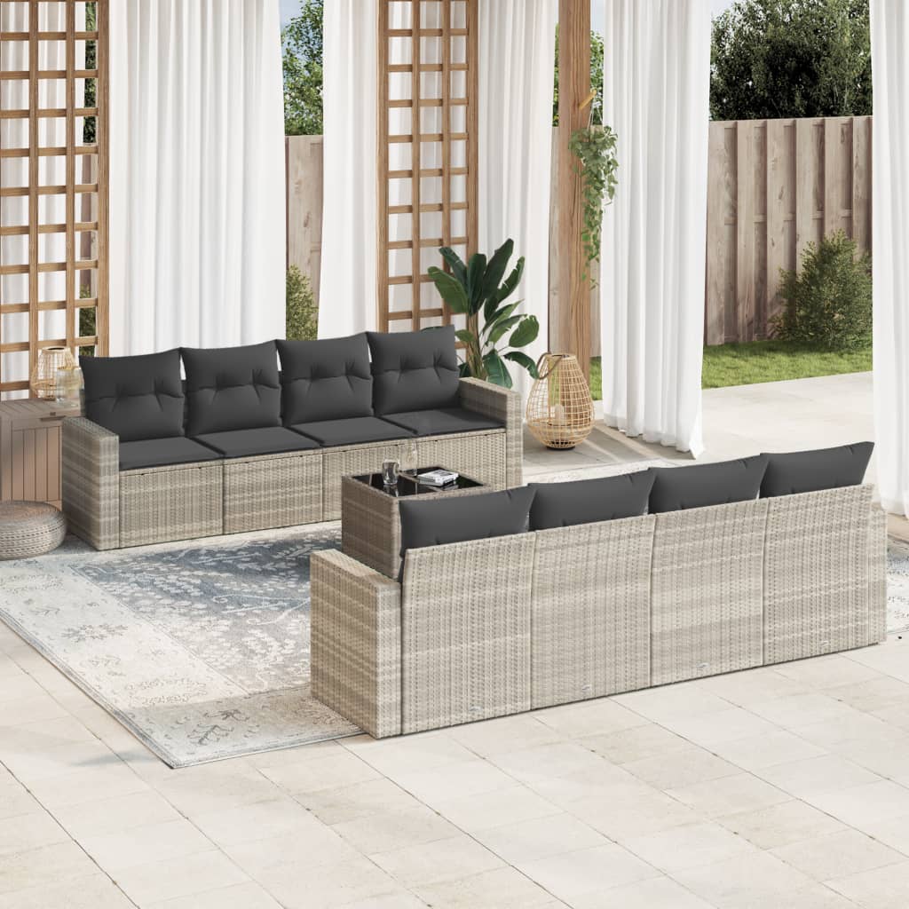 Vidaxl 9-Cz. Garden Furniture Set, Cushions, Light Grey Poly Rattan