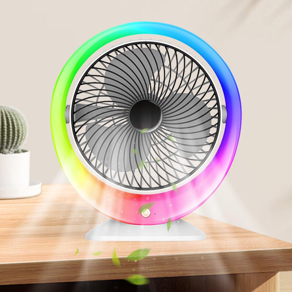 Air Circulator Fan USB Rechargeable Low Noise Small Cooling Fan with Colorful Light 3 Speeds 1200mAh for Living Room Dorm Office