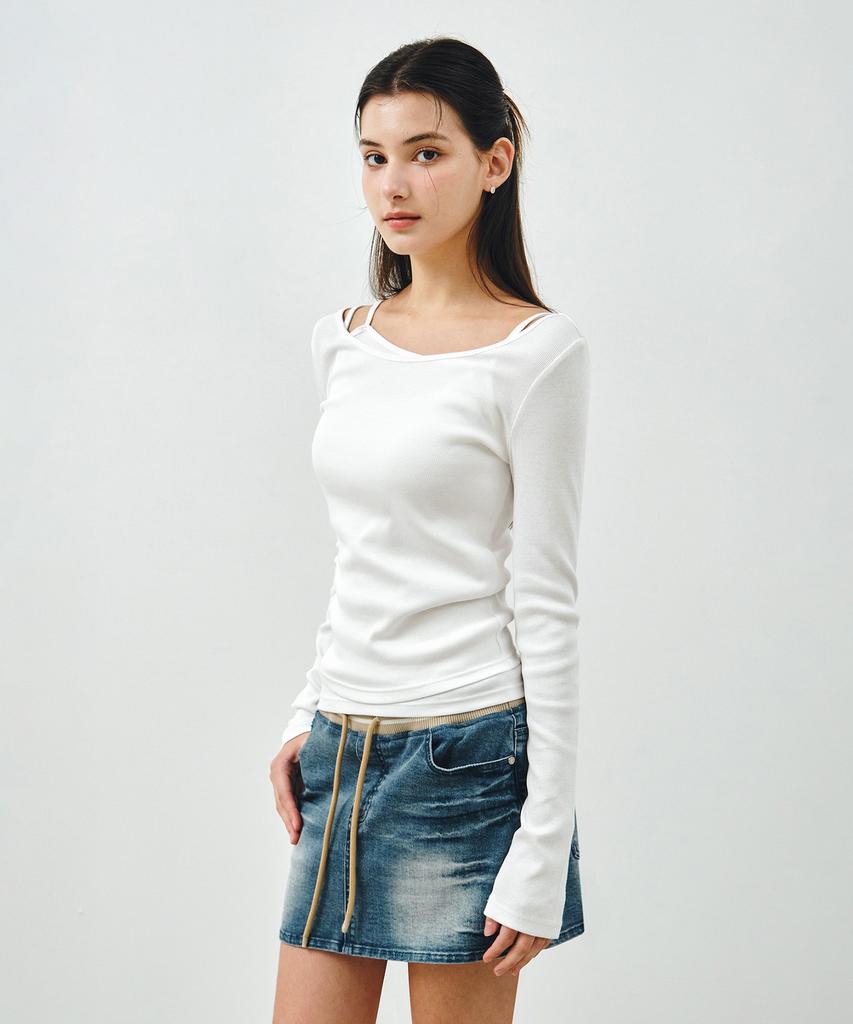 MONGDOL [Set] Boat Neck Layered Ribbed T-Shirt White Mdts087White