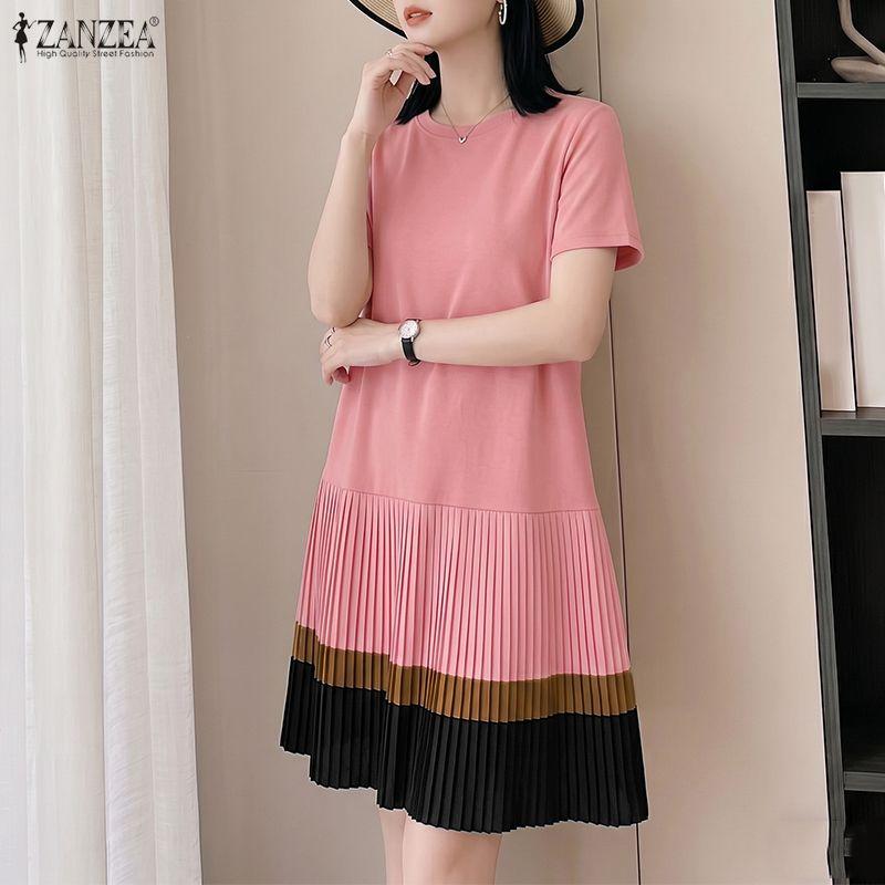 ZANZEA Vestido Casual Feminino de Verão com Gola Redonda e Manga Curta Plissado