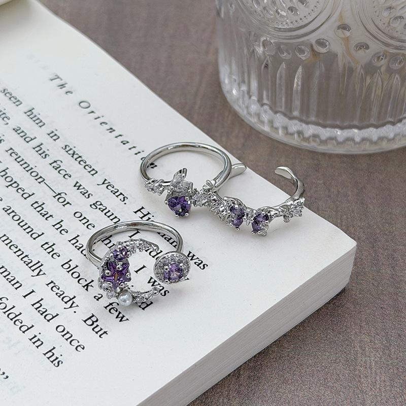 High Value Nine Purple From Fire Sweet Sister Dream Wind Purple Zircon Diamond Star Moon Butterfly Open Ring Stacked Ring