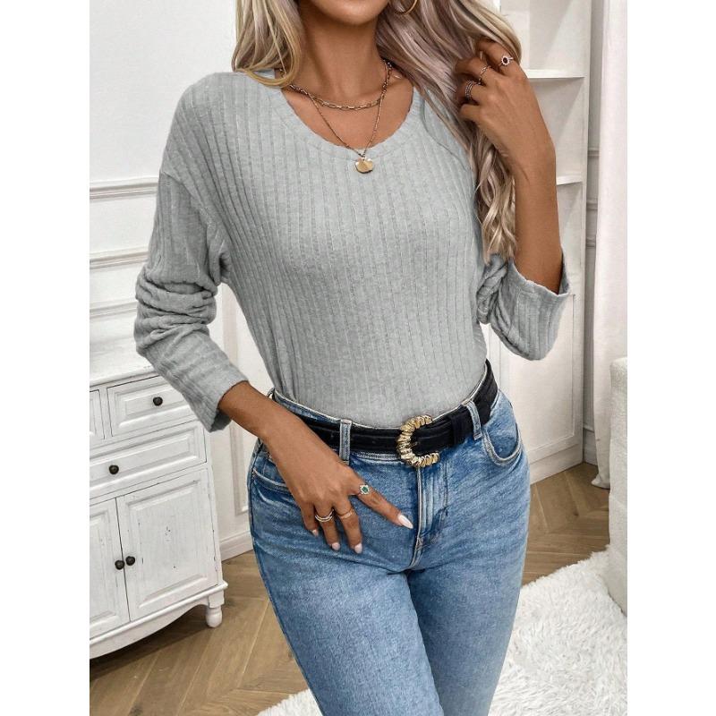 Women's Fashion Casual Spring Fall Solid Color Print Long Sleeve O-Neck Blouses & Shirts