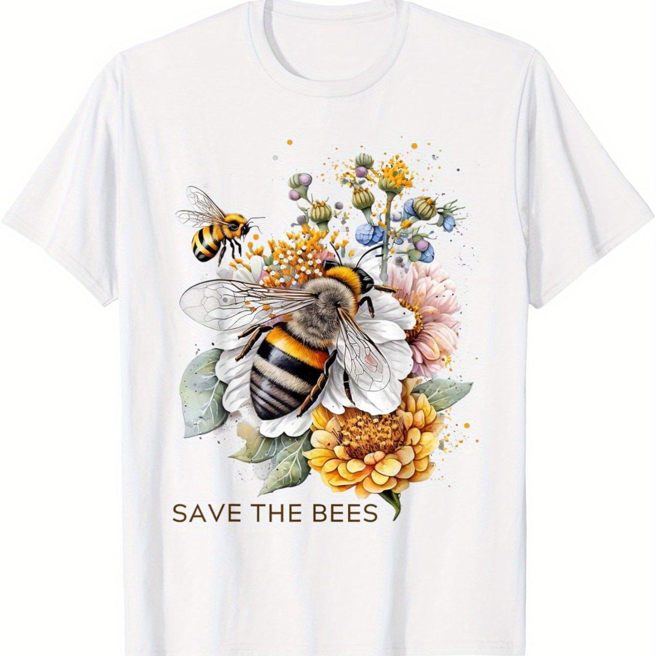 Save The Bees Graphic Tee Men Cotton Floral Pollinator Print Short Sleeve T-Shirt Casual Daily S
