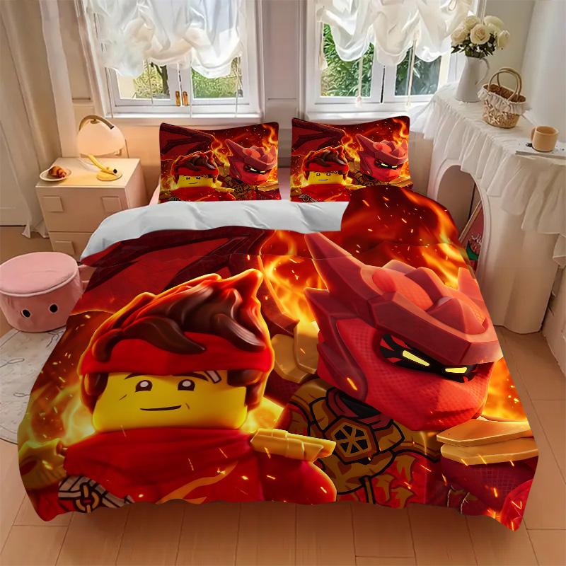 Ninjago Fire Battle Print 3Pcs Bedding Set,Duvet Cover with 2 Bedro,Pillowcase Home Birthday Gift