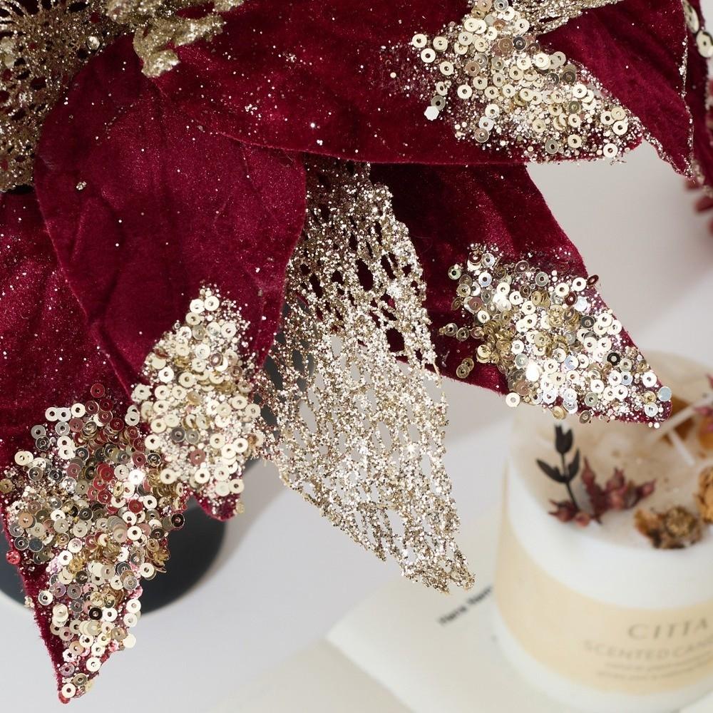 New 30CM Artificial Poinsettia Flower Glitter Sequins Christmas Glitter Flower Sparkling Sequins Flower Christmas Tree Accessory