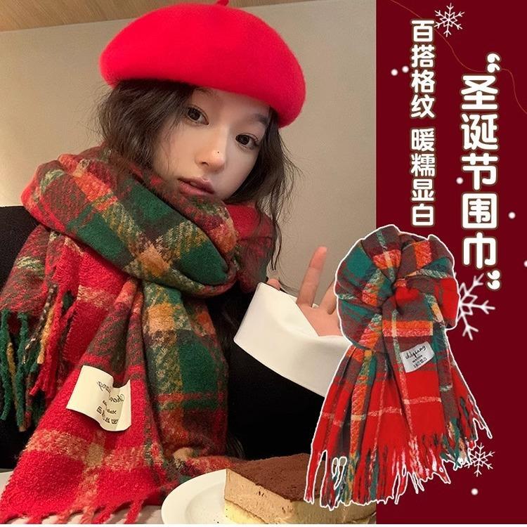 Red Plaid Scarf Women's Winter Korean Version of the New Versatile Thickened Warm Scarf Student Christmas Gift