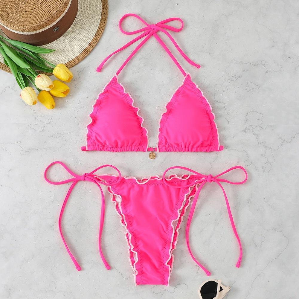 Women Nylon Split Bikini, Solid Color Lace Trim Sexy Two Piece Swimsuit Summer Beach Ladies Swimwear