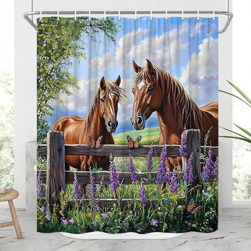 Horse Shower Curtain Western Farm Animal Horse Family Rustic Lavender Flower Tree Nature Farmhouse Country Scenery Polyester Curtains Bathroom Decor