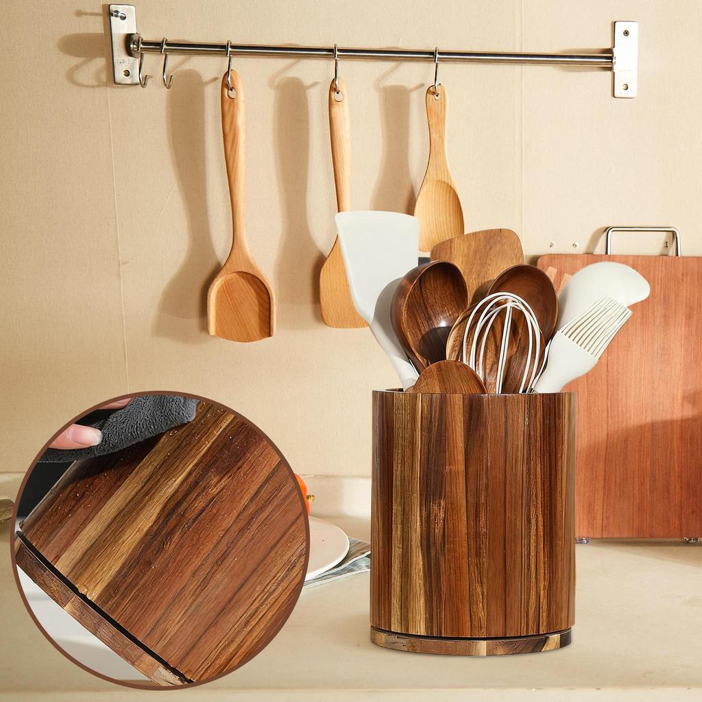 Pojemnik na przybory kuchenne na blat 360 Obracany Widelec Pojemnik na słoiki Drewniany Organizer Stojak do przechowywania Sztućce do gotowania Na łyżkę