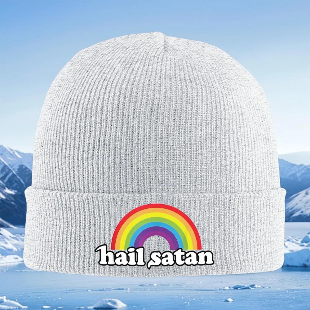 Rainbow over bold hail satan text Unisex Women Unisex Knitted Hat Beanie Pullover Cap Winter Thermal Warm Christmas Outdoor Cycli