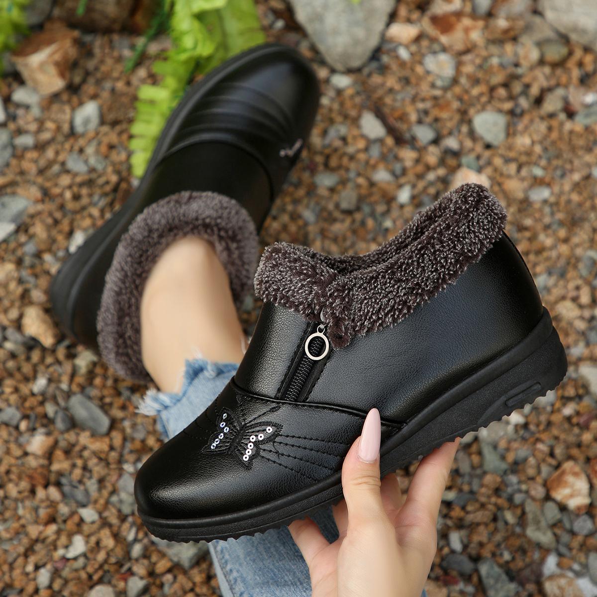 

Дизайн бренда Вышивка Бабочка Украшение Туфли для мамы 2025 Зима Теплые Короткий плюш Ботильоны на танкетке Ботинки на боковой молнии 41 чёрный