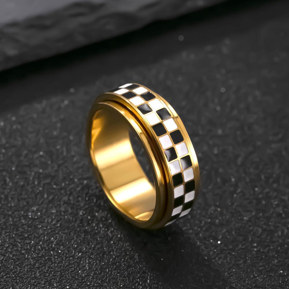 New Men's Black & White Checkered Rotatable Ring in Fashionable Stainless Steel Design