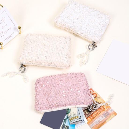 Sequined Cosmetic Bag Girls Stylish Glittery Clutch Makeup Bag with Faux Pearl Bow Zipper Puller Portable Travel Toiletry Organizer for