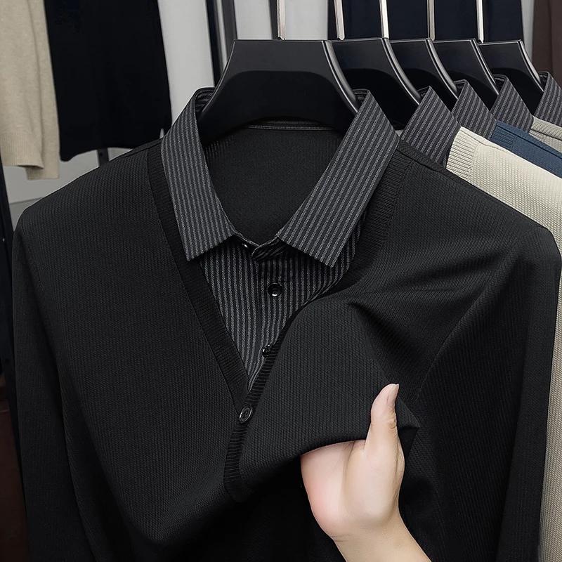 Men's Fake Two Piece Polo Shirt Casual Fashion Long Sleeve Collar T-shirt Versatile Top
