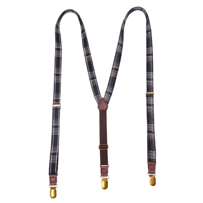 Retro Plaid Y-Shape Suspenders with Strong Three-Jaw Clips for Adults