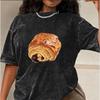 Cute Food Croissant Toast Print Vintage Washed Black Oversized T-Shirt Crew Neck Short Sleeve Tee for Women Streetwear