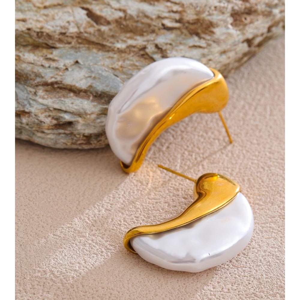 Eetit Women Simulated Pearls Moon Huggie Earrings for Women Stainless Steel Golden Statement Cast Unique Jewelry Prevent Allergy