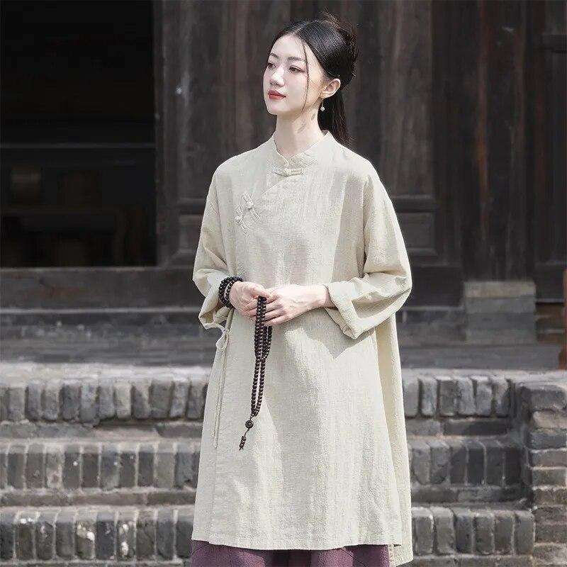 Zen Style Women's Pure Cotton Shirt Women's Spring and Autumn Meditation Clothes Cotton and Linen Chinese Style Tops