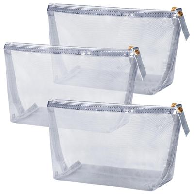 Besharppin Mesh Cosmetic Pack of Makeup Pouch for Cosmetics and Small Perfect for Business Trips and Travel Pouch, 3, Items, (Silver)